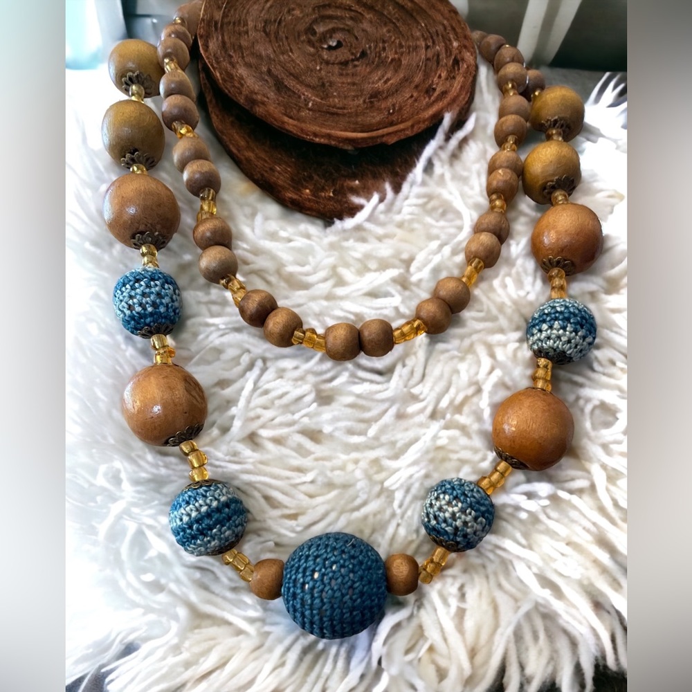 Vintage Style Bohemian Long Wooded & Crochet Beaded Necklace